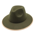 Close-up of olive green wool fedora hat featuring beige ribbon binding and flat brim - M (56-58cm) / Army Green