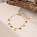 Golden starfish and shell charm bracelet featuring colorful inlaid round gemstones - Colored Stone Seashell Bracelet (E2104)