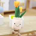 Cute yellow tulip plush plant in beige smiley face pot with green corduroy leaves - Orange Tulip