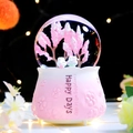 Pink cherry blossom crystal ball music box with rabbit figures and happy days base - 2404 Cherry Blossom Season / Large Size 100+ Spins + Snow + Colored Lights + Music