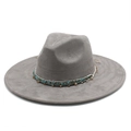 Classic grey faux suede fedora hat with ethnic beaded band and wide brim for men - Grey Suede