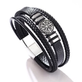 Men's multi-layer black leather bracelet with silver Viking compass magnetic buckle - 19cm / Black