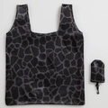 Foldable large eco-friendly shopping bag with gray giraffe print and hanging pouch - Handheld / Black Leopard