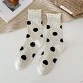 Sweet oatmeal-colored crew socks with black polka dots and delicate lace trim - One Size / Beige Grey