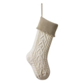 Cream knitted Christmas stocking with heart patterns, tassels, and a rustic hanging loop - Ivory White with Linen