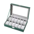 Dark green faux leather watch box with 12 slots, clear window, and silver metal buckle - 10-Slot Green Watch Box