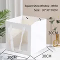 White square gift box with transparent window and ribbon handle, size 30x30x30 cm - 30x30x30cm White Windowed / White