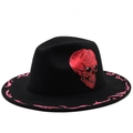 Cappello fedora in feltro nero con graffiti teschio rosso e fiamme rosa sulla tesa - M (56-58cm) / Stile Teschio Rosso Fiamma Rosa (1)