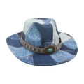 Blue denim patchwork cowboy hat featuring vintage patterns and turquoise buckle detail - Denim Oval Blue Stone / Light Blue