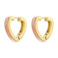 Macro shot of gold hoop earrings with pink marbled enamel heart detail and snap closure - Pink (VE1496)