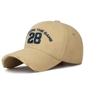 Distressed khaki baseball cap featuring navy blue number 28 embroidery in vintage style - Adjustable / Deep Beige
