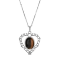 Vintage heart shaped pendant necklace featuring natural tiger eye stone and silver chain - Brown Tiger Eye