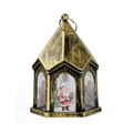 Vintage black and gold Christmas lantern featuring Santa Claus and reindeer graphics - Bronze Santa Claus Style
