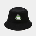Black cotton bucket hat with cute green cartoon frog embroidery in minimalist style - Black / M (56-58cm)