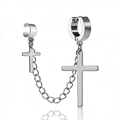 Boucles d'oreilles huggie et ear cuff en acier argenté avec chaîne et pendentifs croix - Argent (1 Pièce)