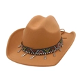 Classic brown felt cowboy hat with colorful ethnic band and silver heart charms - One Size / Khaki (Silver Triangle Decoration)