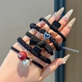 Set of 6 premium black elastic hair ties featuring heart, bow, and bead charms - Set of 5 / Black Shiny Bead (4-6cm)