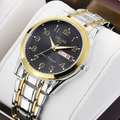 Luminous quartz watch with two-tone silver gold band and black large numeral dial - Two-tone Band Black Dial