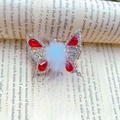 Elegant red rhinestone butterfly hair clip with white plush ball and tassels - Pompom Butterfly (F0005) / White
