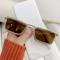 Gafas de sol rectangulares sin montura con patillas doradas y adornos de cristal - Montura Dorada Lente Marrón