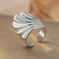 Vintage style silver titanium steel shell textured open ring with wide pleated design - Shell Texture / Silver