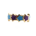 Goldener offener Ring im französischen Stil mit himmelblauen und lila Emaille-Sternen - Fünf Sterne Reihenring / Zweifarbig (Himmelblau/Dunkelviolett)