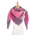 Pink and purple plaid knit triangle scarf with fringe trim on a wooden mannequin - Big Plaid Rose Red