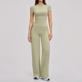 Two-piece light green brushed yoga set with high waist wide leg pants and short sleeve top - Moss Green