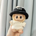 Labubu plush doll wearing a white knit sweater and a black Baby bucket hat - White Sweater With Keychain + Black Hat / First And Second Generation Keychains Are Compatible With La Cloth Dolls. Dolls Not Included.