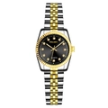 Close-up of gold and silver steel watch with black dial and diamond markers - Small Two-tone Black Dial