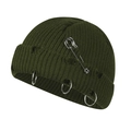 Army green distressed knit beanie featuring street style rip detail and metal rings - 55-58cm / Green