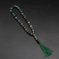 Handmade mixed natural crystal bead bracelet with a long dark green silk tassel - Indian Agate
