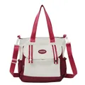Large ivory canvas tote bag with burgundy straps and multi-pockets for casual daily use - White & Red