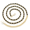 Elegant gold metal waist chain with black leather weave and white faux pearl drop pendant - Black