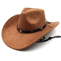 Caramel brown faux suede western cowboy hat with star decorated band and chin strap - M(56-58cm) / Khaki