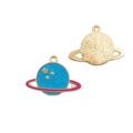 DIY blue enamel planet pendant with golden star detail and textured metal back - Purple Ring Planet 12x24mm
