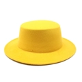 Lemon yellow flat top wool felt boater hat with a wide brim for men and women - M (56-58cm) / Yellow