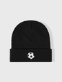 Close-up of a black knitted beanie featuring high-quality football embroidery and fine stitching - One Size / Black