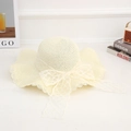 Elegant beige wide-brim straw sun hat with lace mesh bow tie detail for summer beach - Lace Diamond Creamy White