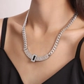 Silver cuban chain necklace featuring a rectangular black enamel pendant with pavé crystals - Silver Black Acrylic Necklace (P284)