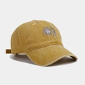 Detail of vintage washed mustard baseball cap with sun and moon embroidery and metal buckle - Adjustable / Yellow