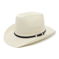 Détail d'un chapeau de paille ivoire avec bandeau en cuir noir et boucle argentée ciselée - M (56-58cm) / Blanc Cassé