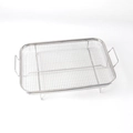 Close-up of a stainless steel rectangular grill pan with handles and perforated oil filter - Fried Mesh Basket