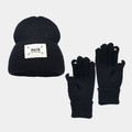 Close-up of black ribbed knit beanie and glove set with signature textile label - Black