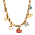 Collar de cadena cubana bañada en oro con dijes de fantasmas y calabazas de Halloween - Dorado