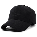 Classic black corduroy baseball cap with 'THE HOBO STORE' embroidery on white background - Adjustable / Black with Black Embroidery