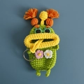 Handmade green knitted monster key pouch with yellow lips and flower details - Hawaii Style