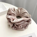 Pink velvet rose hair scrunchie with center pearl accent on white background - Q686-12 Beige Velvet Rose Pearl