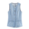 Chaleco vaquero azul claro ajustado para mujer con cuello redondo y botones metálicos - Azul claro