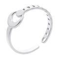 Detailed view of silver minimalist open ring with circular ornament on white background - Steel